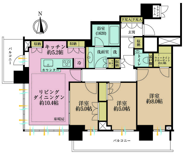 3LDK、専有面積81.89m2、バルコニー面積17.88m2