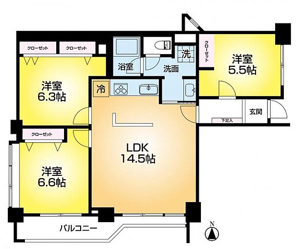 レック六甲マンション(3LDK) 4階の間取り図