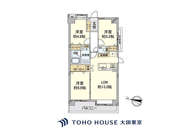 3LDK、専有面積62.14m2、バルコニー面積8m2