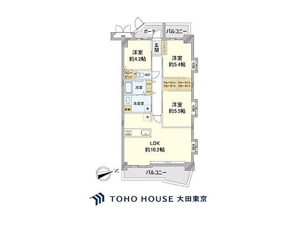 3LDK、専有面積68.97m2、バルコニー面積」12.29m2