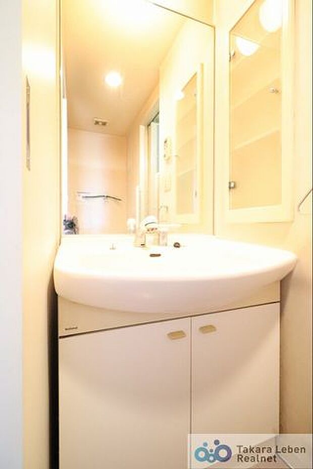 収納豊富な洗面スペース。洗面化粧台の右側壁面には小物等が収納できる棚があります。