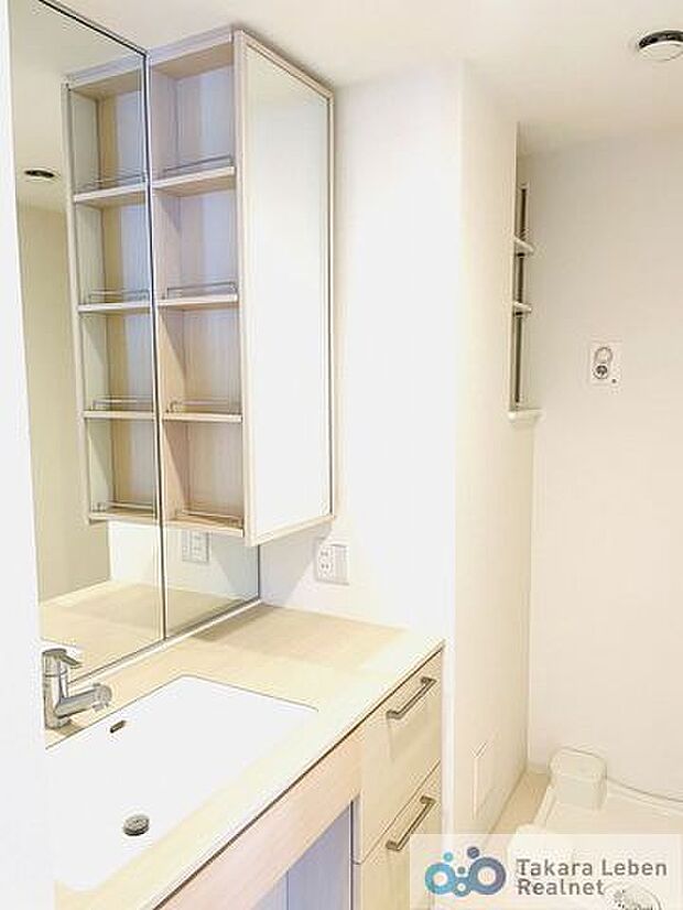 鏡が大きく、洗面室が広く感じられる洗面化粧台。サイドに棚があり、収納充実です。