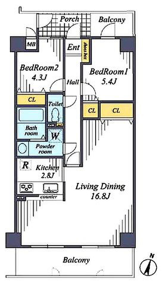 4階部分のバルコニー南向き、新規内装リフォーム済の明るくキレイなお部屋です。LDKは広く開放的な16.8帖、各居室に収納付きです。