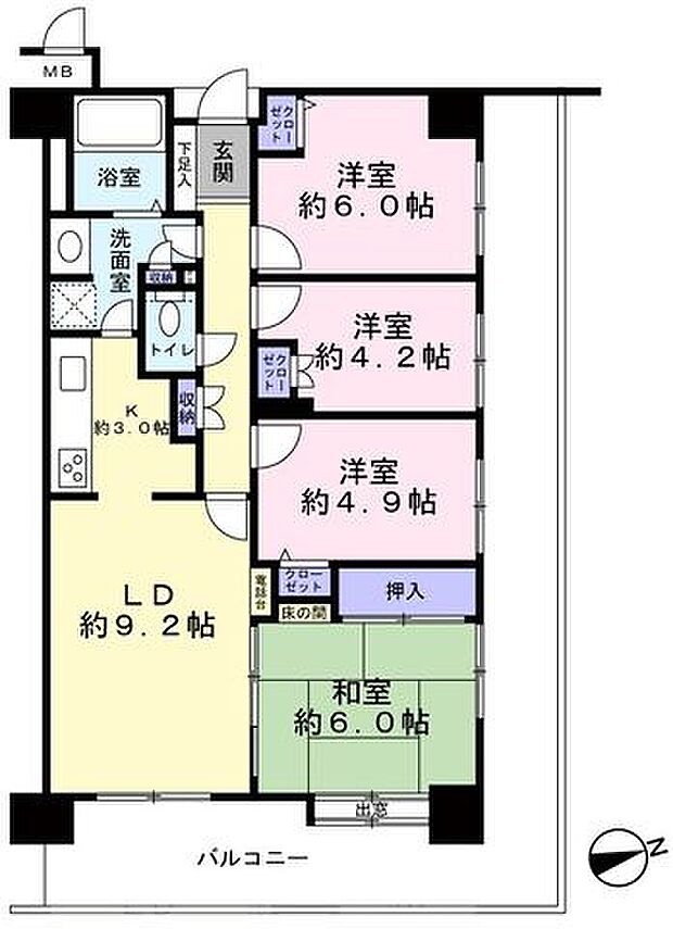 和室を含めた全4居室は全て収納付き！お家全体がL字型のバルコニーに囲まれているので、リビング・各居室ともに明るい採光と心地の良い通風を取り込むことができます。