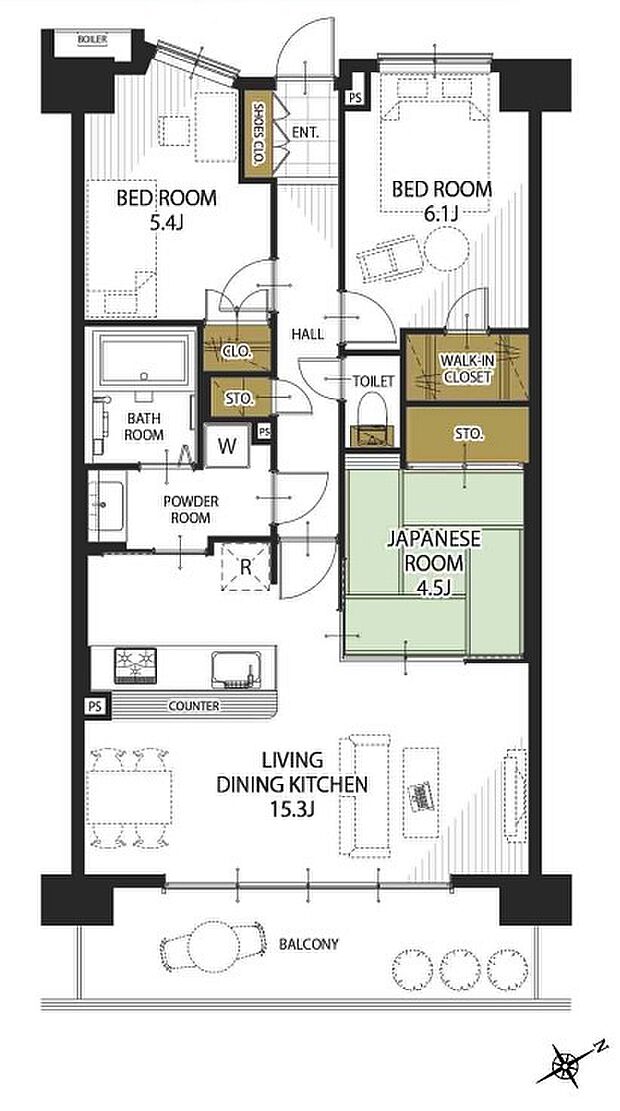 LDK15.3帖、WIC付主寝室6.1帖、全居室収納スペース付、日当たり良好な3階部分のお部屋です。