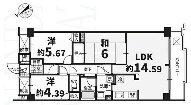 港南台三和プラザ(3LDK) 9階の内観