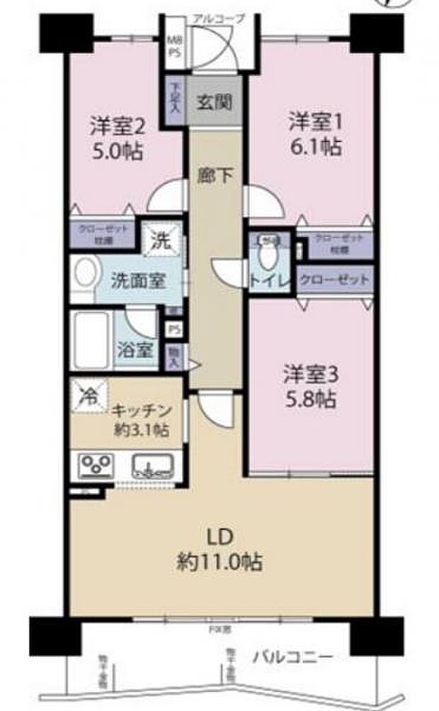 ライオンズマンション千葉グランドタワー(3LDK) 2階の間取り図
