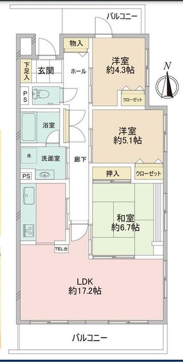 ライオンズマンション谷塚第2(3LDK) 2階の間取り図