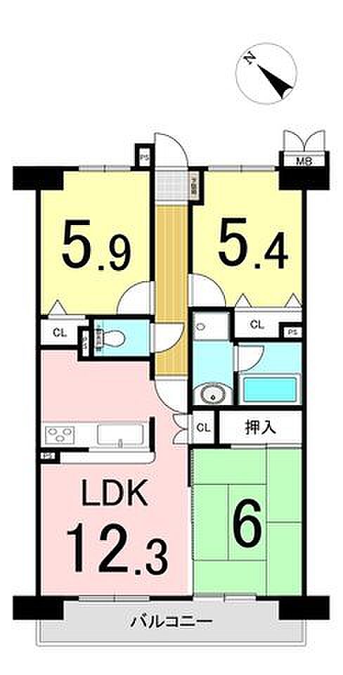 ライオンズガーデン河辺リバーサイド(3LDK) 5階の間取り図
