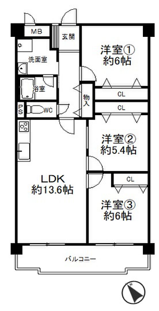 シーサイドコーポラス西宮(3LDK) 7階の間取り図