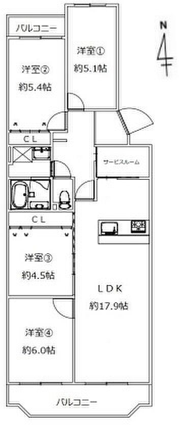 ローズハイツ西宮宮前町二号棟(4SLDK) 2階の間取り図