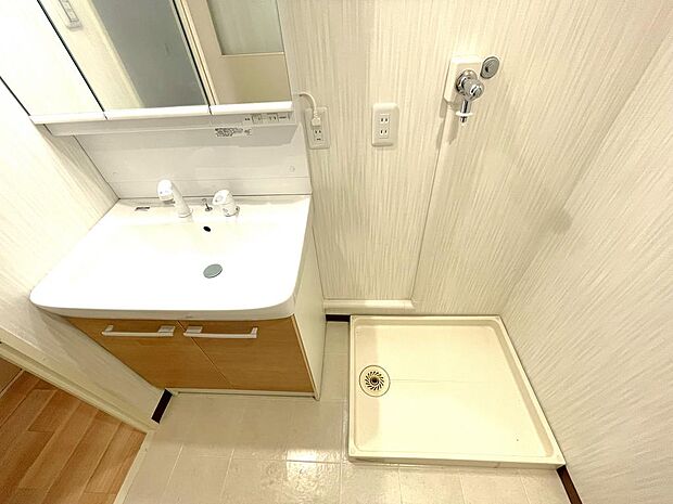 収納力もある明るい洗面台は、シャワー付きで利便性も良いつくりです。