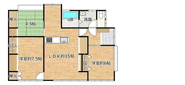 【間取図】3LDKの平家です。洋室2部屋和室1部屋になります。階段がないため高齢の方や小さなお子様でも過ごしやすいですね。