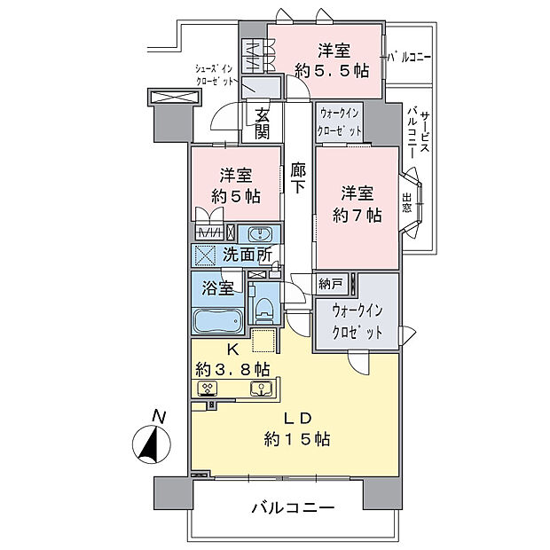 専有面積：92.15?、バルコニー面積：16.94?の南向き3ＬＤＫ住戸