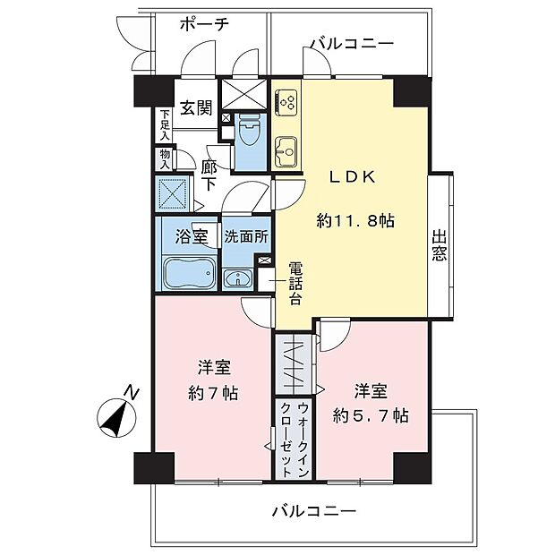 三方角住戸、すべての居室にはバルコニーがあり、開放感も良好な2LDK。