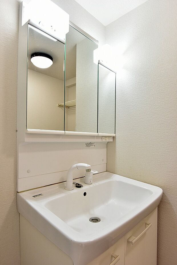 ホースを伸ばせば、子供の手が洗えるシャワー付き洗面化粧台。鏡裏収納付きです。