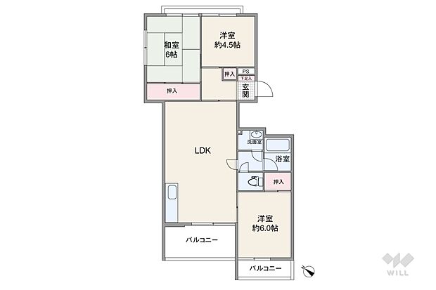 間取りは専有面積62.77平米の3LDK。室内廊下が短く居住スペースを広く確保したプラン。居室の扉には引き戸を採用した、デッドスペースが出来にくい造りです。