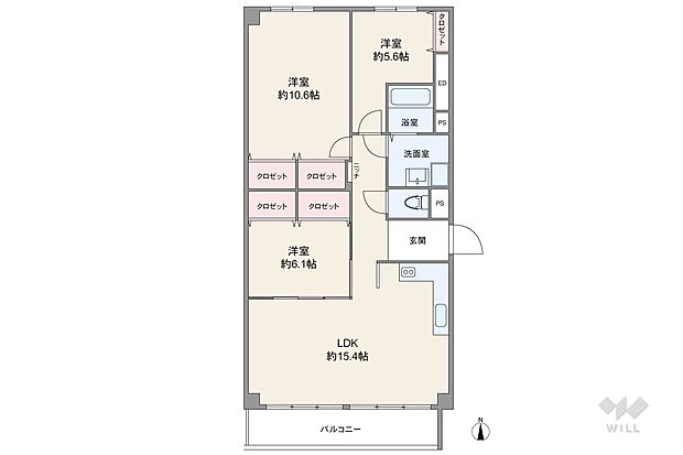 間取りは専有面積96.18平米の3LDK。LDKと洋室が隣接したプラン。キッチンは壁付けタイプを採用。LDKをより広く活用できる間取りです。センターインで玄関から室内が見えにくい設計です！