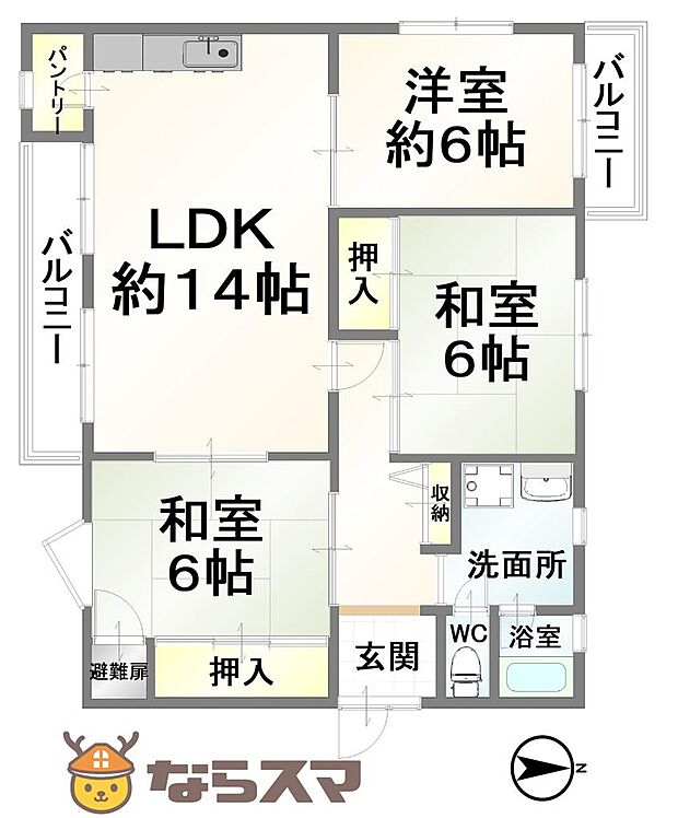 平城朱雀第一住宅(3LDK) 3階の間取り図