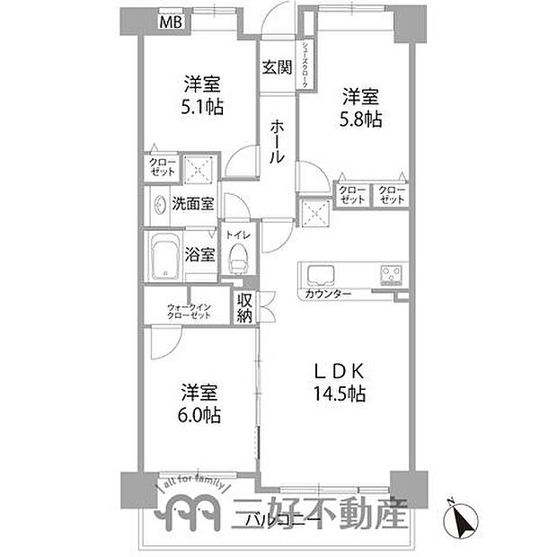 笹丘パーク・マンション(3LDK) 2階/202の間取り図