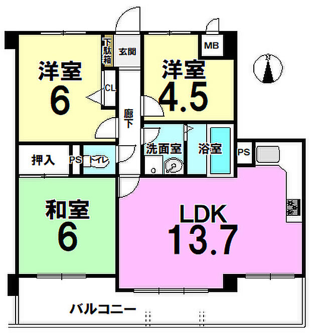 コスモ東住吉中野(3LDK) 3階の間取り図