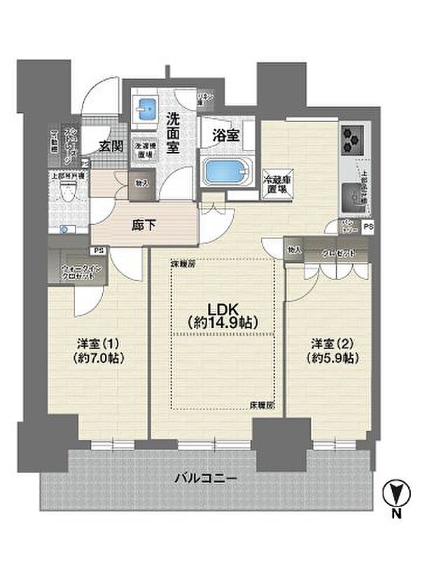 ローレルタワー堺筋本町(2LDK) 22階/22F　の間取り図