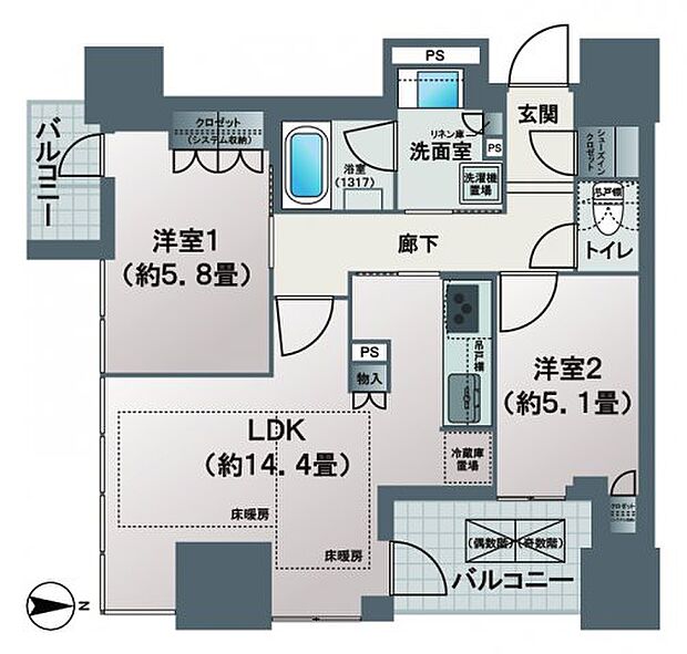 ローレルタワー御堂筋本町(2LDK) 3階/3Fの間取り図