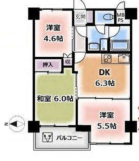 ライオンズマンション高砂(3DK) 4階の間取り図