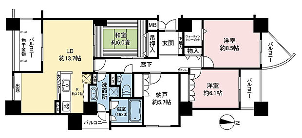 アパタワーズ札幌大通公園(3SLDK) 13階の間取り図