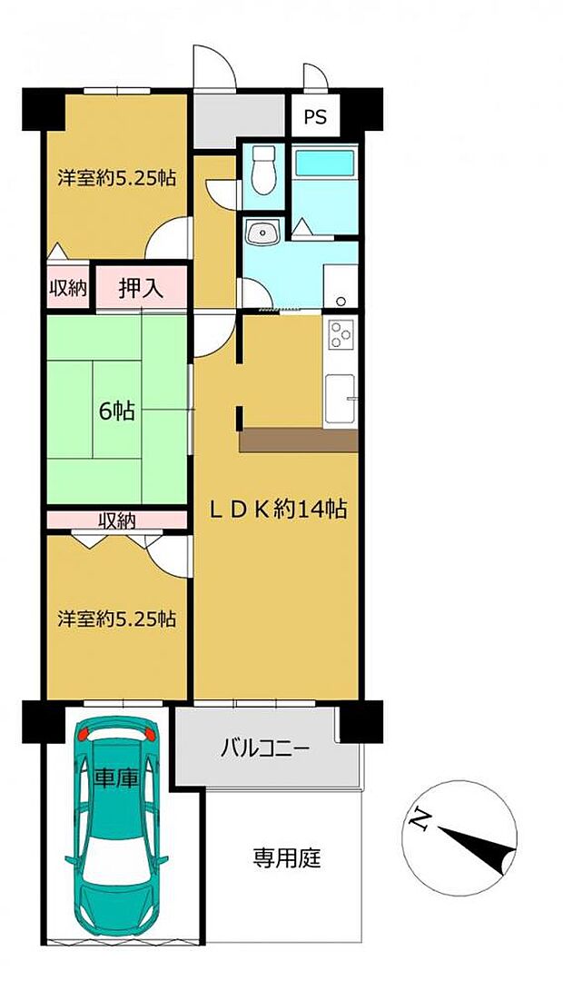 【間取り図】約14帖のリビングと和室、2部屋の洋室を備えた3LDKのお部屋です。一階なので庭があり、敷地内に駐車場（車種制限あり）があるのは嬉しいポイントですね。