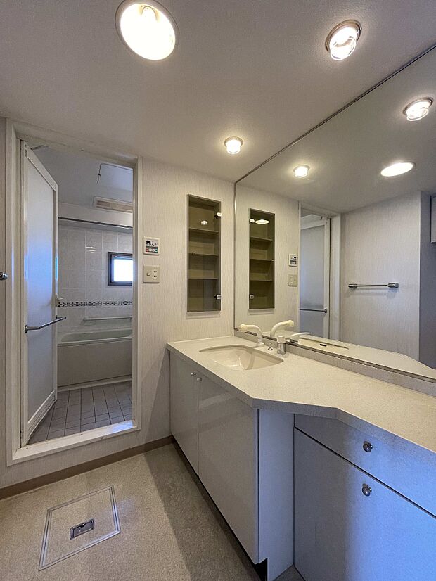 【洗面室】：洗面台は広く、下部収納もたっぷりございます。左手上部には、便利な扉付き収納もございます。