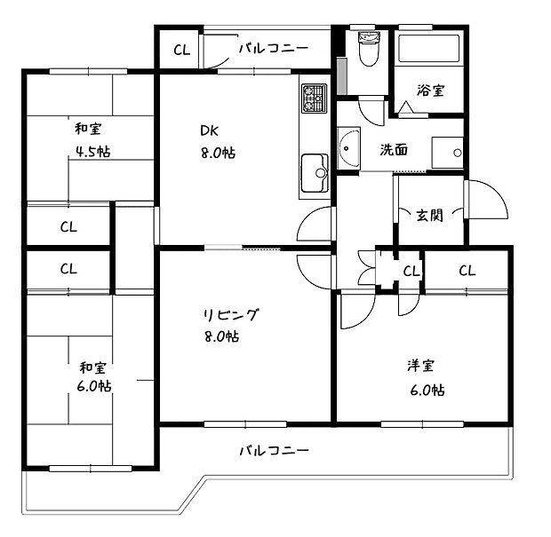 藤阪ハイツC2棟(3LDK) 1階の間取り図