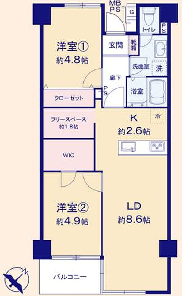 平井グランドハイツ(2LDK) 5階の間取り図