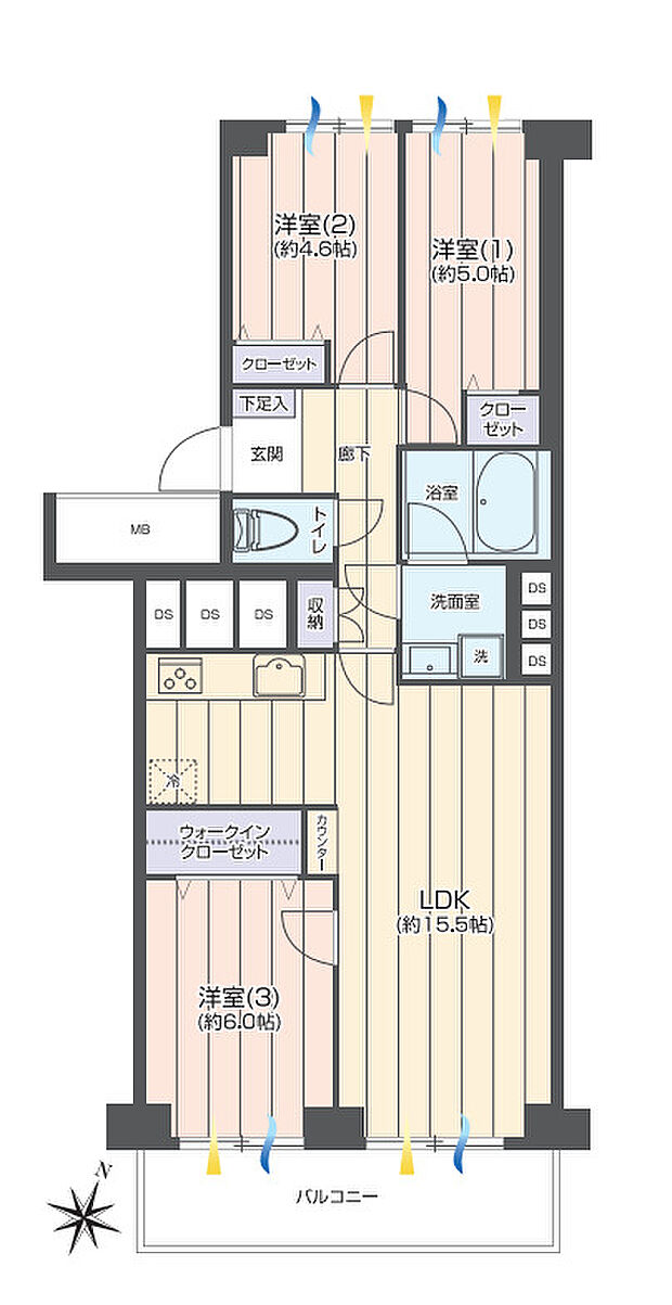 サニーハウス南行徳Ｂ棟(3LDK) 6階の間取り図