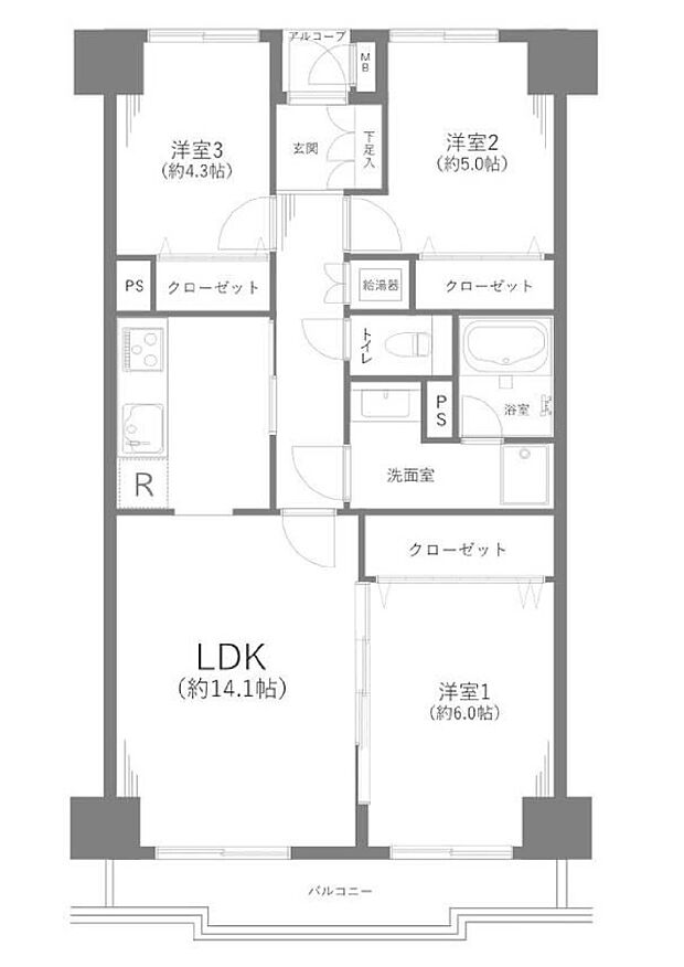 サニーハウス読売ランド(3LDK) 5階の間取り図
