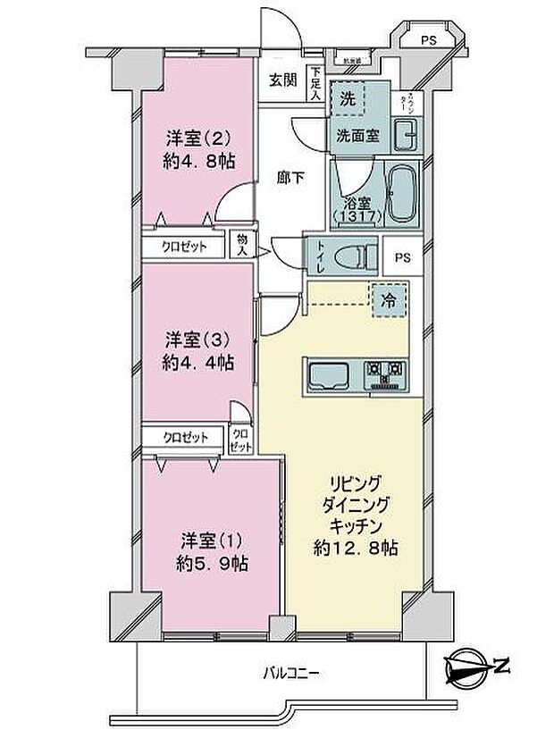 日商岩井亀戸マンション(3LDK) 2階の間取り図