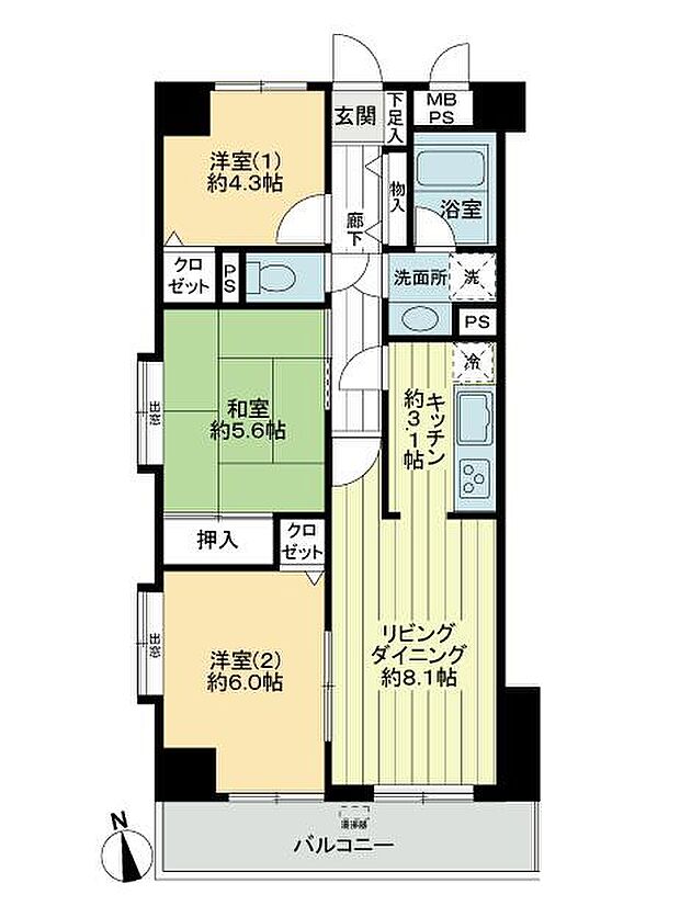 ライオンズマンション東千葉第弐(3LDK) 6階の内観