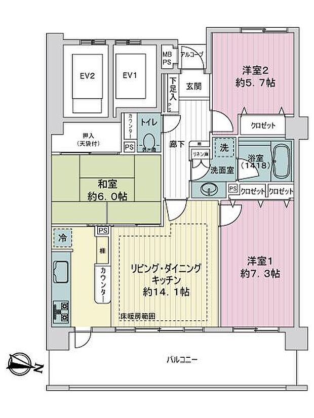 ライオンズヒルズ横濱新子安(3LDK) 7階の間取り図