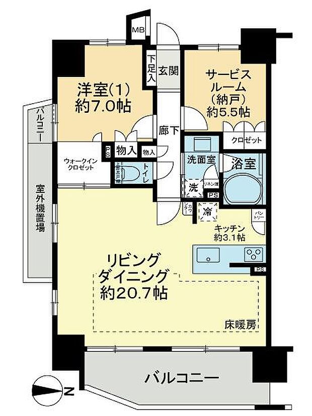 レーベンリヴァーレ町田ルージアタワー(1SLDK) 2階の間取り図