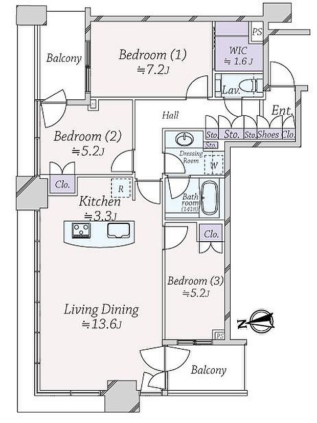 クレストプライムタワー芝(3LDK) 14階の間取り図