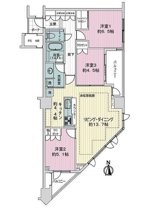 アトラスアリーナ武蔵新城ランドマークコート(3LDK) 12階の内観