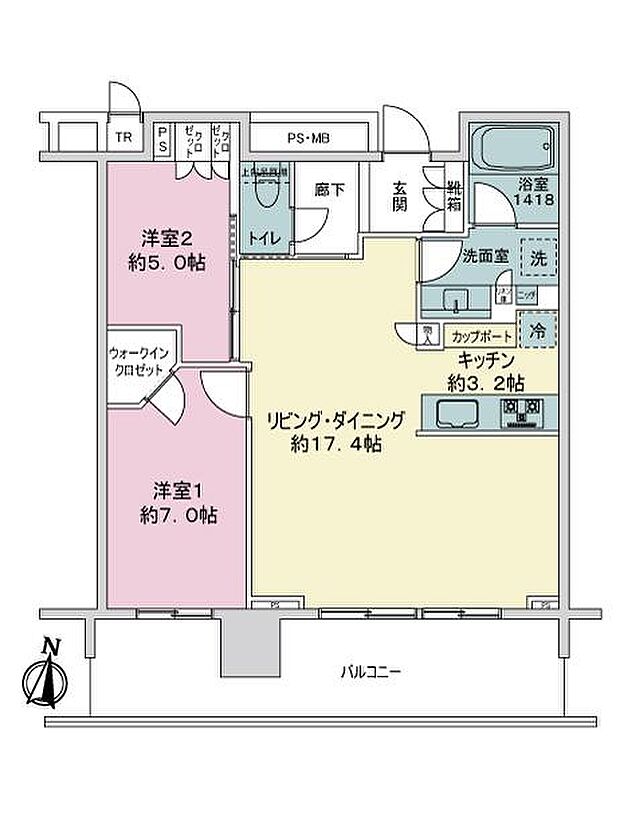 プラウドタワー名古屋錦(2LDK) 13階の間取り図