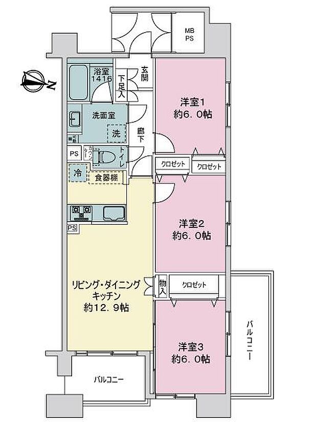 ライオンズプラザ平塚見附町(3LDK) 5階の間取り図