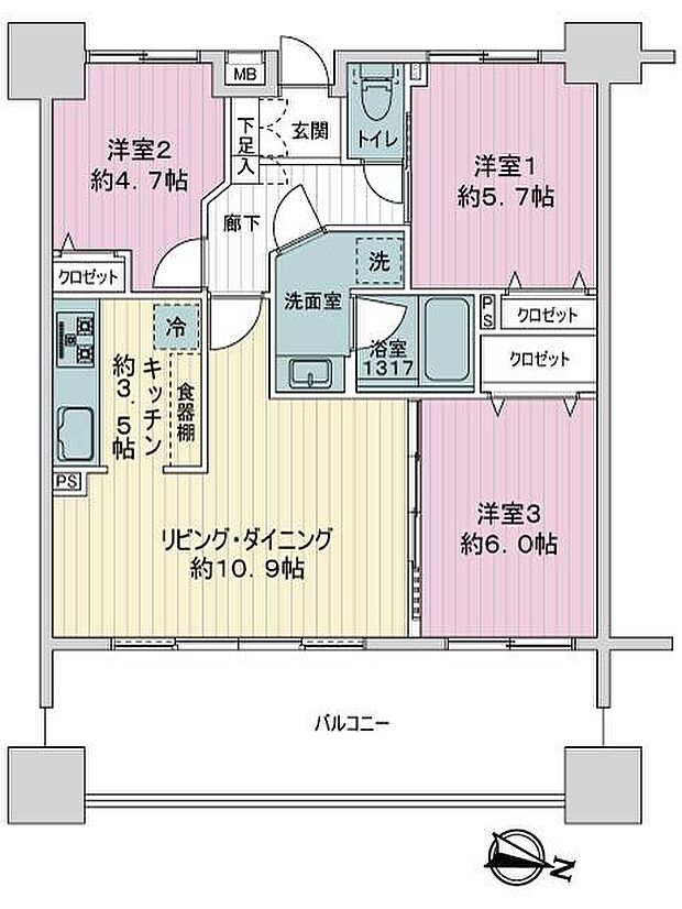 サーパス茅ヶ崎第2(3LDK) 11階の間取り図