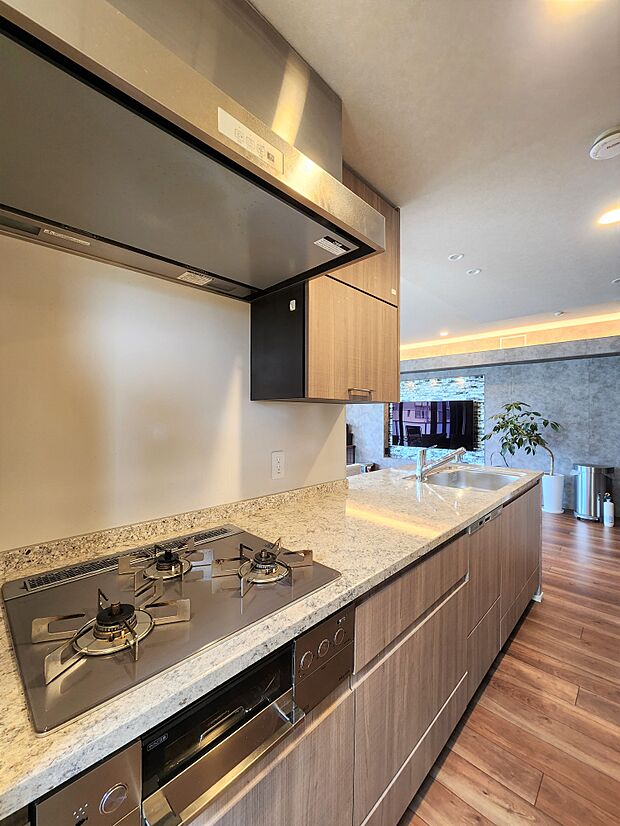 キッチンの天板は見た目が美しく耐久性にも優れたフィオレストーンが採用されています。