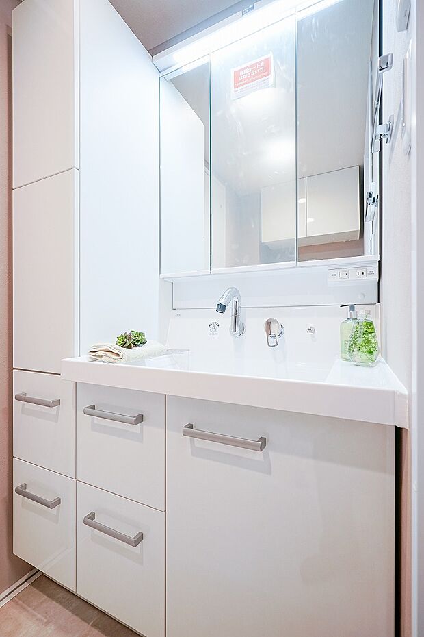 シャワー切り替え可能な水栓、収納豊富な三面鏡付洗面化粧台