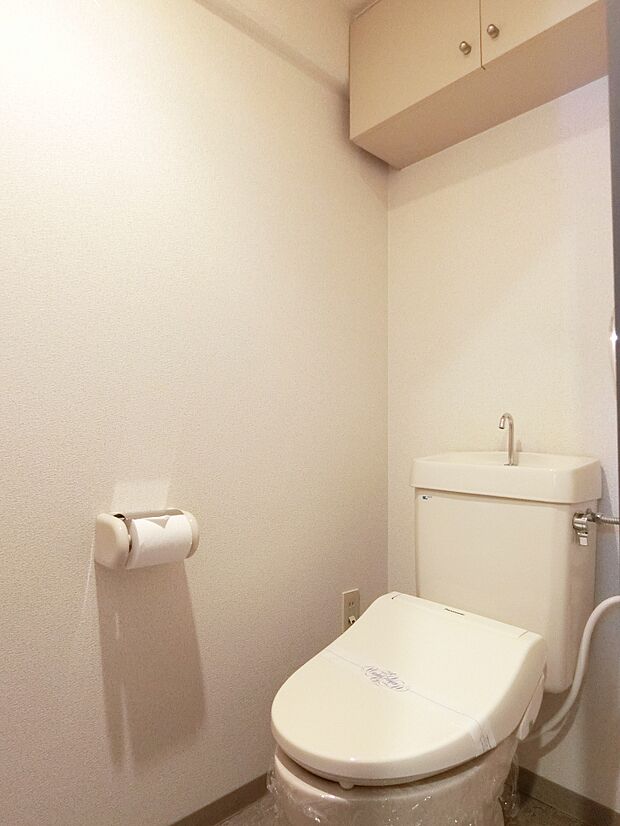 トイレ、上部には扉付の吊戸棚があります。