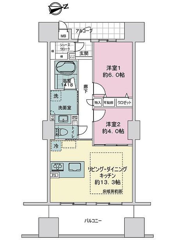 アルファタワー桜町(2LDK) 18階の間取り図