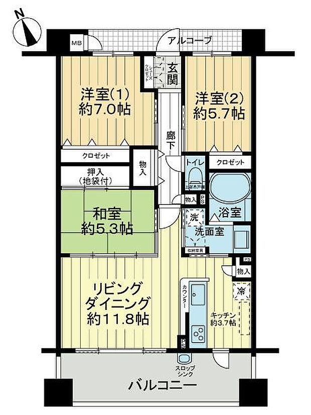 サーパス三津浜駅通り(3LDK) 5階の間取り図