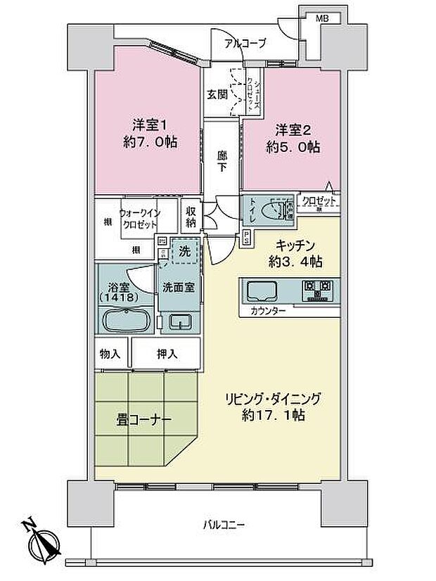 サーパス学校町レジデンス(2LDK) 11階の内観